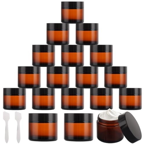 LOPYXBR 18 Pcs Amber Glass Jars 60ml, Small Glass Jars with Lids for Face Cream, Travel Pots for Toiletries 60mls with Spatulas, 60ml Amber Glasses Cosmetic Containers for Cosmetics, Lotion, Creams