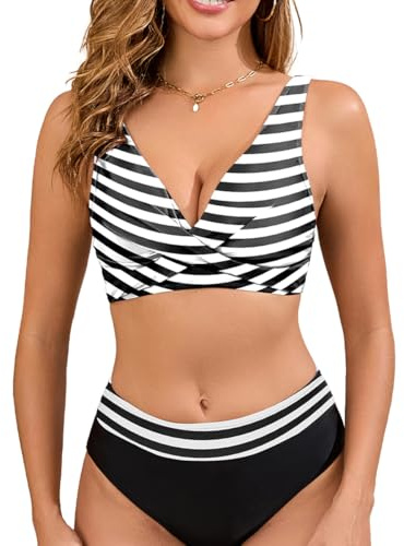 Muwodkdn Maillots de Bain Femme 2 Pièces Push-up Taille Haute Imprimé Ensembles de Bikini Deux Pièces Croisé sur Le Devant Col V Bikini Set Rembourré Maillot de Bain avec Shorty Rayures Noires XL