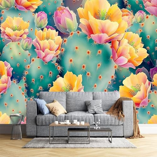 JEDTAKCT Cactus Flowers Panel Wallpaper 157X110 Photo Wallpaper Watercolor Plants Wall Mural Wallpaper Neutral Art Deco Poster Picture Wallpaper for Living Room Wall Bedroom Ceilings