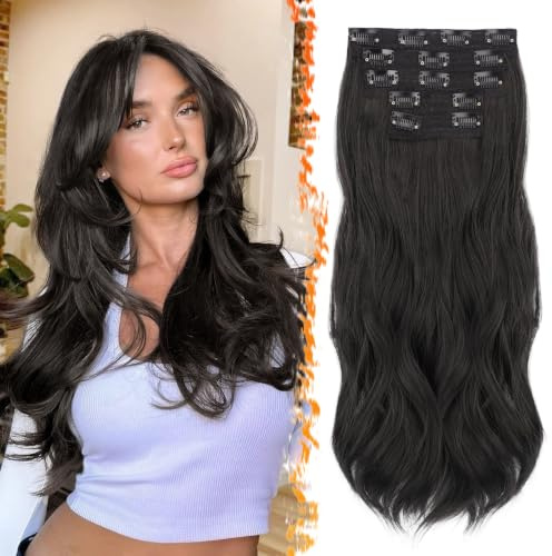 BARSDAR Clip en Extensiones de Cabello Marrón Negro, 50cm Ondulado Clip en Extensión de Pelo para Mujer 5 Piezas Layered Hair Extensions Lace Sintética Postizos Cabello Extensione - Marrón Negro