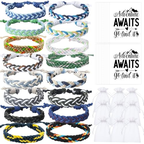 YumSur 16 set Friendship Bracelet Set Party Favors Braided Friendship Bracelets with Cards Adjustable Woven Friendship Bracelets Handmade Braided Bracelet for Teens Adults Camping Party Favors (Boys)