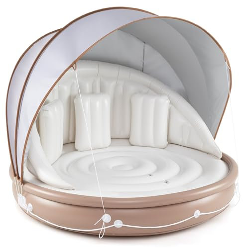 COSTWAY Inflatable Pool Float, Floating Island with Detachable Canopy, 3 Pillows, Giant Tanning Pool Lounger for 2-3 Person, 186 x 186 x 155 cm