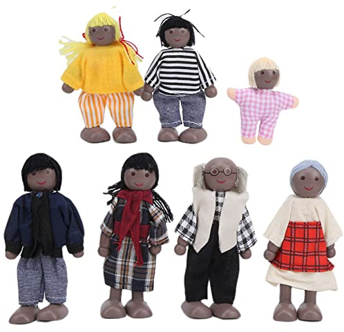 Zerodis Lebendige Familienpuppenfiguren Pine Miniaturen Spielzeug für Kreatives Spiel, Pine Dollhouse Accessoire für, 6 Puppen Inklusive (7 Schwarze Puppen)