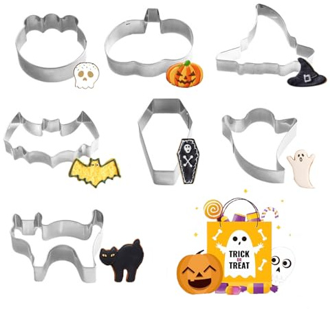 7 Stück Halloween Ausstecher Set, Geist, Katze, Katzenpfote, Fledermaus, Sarg, Kürbis, Hexenhut, Ausstechformen aus Edelstahl für Halloween-Partydekorationen