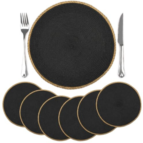 comfoyar Tischsets Rund Geflochten 6er Set, rutschfeste Platzsets, Abwaschbar Hitzebeständige Platzdeckchen für Innen, Küche, Fest, Hochzeit, Esszimmer Dekoration (Schwarz, 36cm)