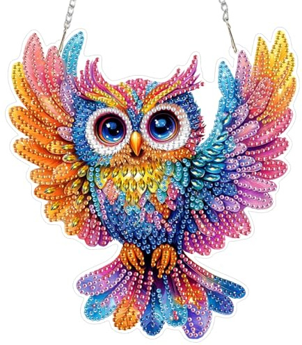 QENSPE Diamond Painting DIY Bunte Eule Diamant Malerei Anhänger für Erwachsene Anfänger, Speziell Geformte Strasssteine Gem Arts Hängende Fenster Wand Tür Garten Ornamente, Doppelseitig