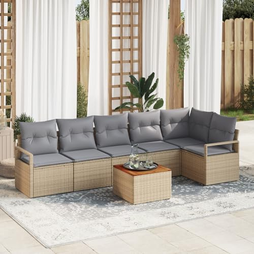 WEMYUFURN Dreisitziges Outdoor-Sofa-Set Beige Grau Modulares Gartensofa Wetterbeständig Handgewebt Höhenverstellbare Füße Abnehmbare Kissen Couchtisch Holz Terrassenmöbel Gartenmöbel