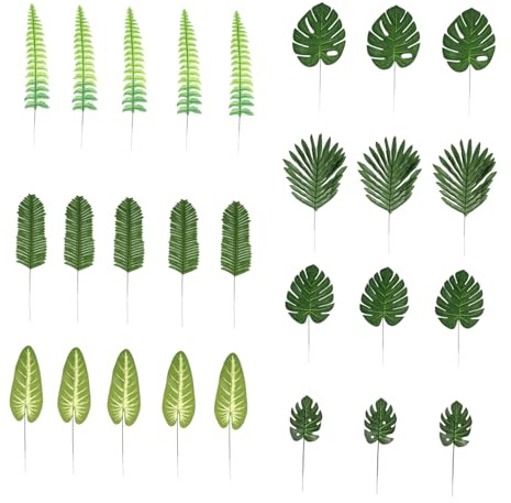 COOLHIYA 63Pcs Artificial Tropical Palm Leaves with Stems Realistic DIY Leaf Ornaments for Party Supplies Photography Props Home and Wall Decoration Lifelike Green Foliage for Cozy Ambiance