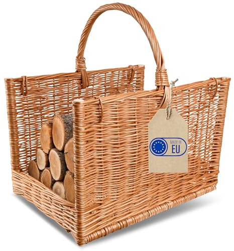 Creative Home Öppen Spis ved Lagring Wicker Basket med Handtag | Stor Rektangulär 50 x 34 x 50 cm Light | Handvävd Handgjord Hållbar | Naturlig Brun Tjock Pil | Flerfunktionell