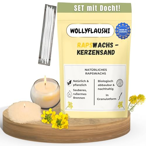 wollyflaushi Rapswachs Kerzensand 1 kg mit Docht Kerzenwachs Vegan | Pflanzliche Wachs aus Raps - Rußarm lange Brenndauer, mehrfach verwendbar - Kerzenwachsgranulat Natur eigenduft