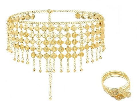 Hitopin Damen Bauchtanz Gürtel, Metall Kettengürtel Fransen Bauchtanz, Klängelnde Münzen Bauch Tanzen Rock, mit 10PCS Bauchtanz Armband Zubehör, für Musikfestival, Party, Performance, Gold Colore