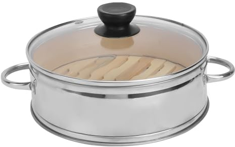 DOITOOL 18CM Stainless Steel Food Steamer Glass Lid, Reusable Bamboo-Inspired Steamer Basket Set for Healthy Cooking and Dim Sum Preparation