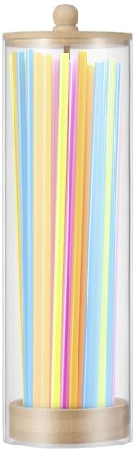 Kuanght Straw Dispenser 27x8cm, Clear Acrylic Drinking Straw Holder with Wood Lid, Versatile Straws Storage Container for Pencils, Coffee Stirrers and Cutlery