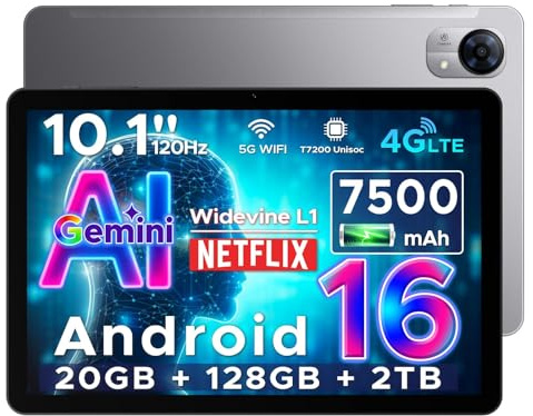 DOOGEE Tab G5 Android 16 Tablet con Sim, Tablet 10 Pollici Gemini AI, 20GB+128GB/2TB & T7200 Octa Core, 7500mAh, IPS HD 120Hz e Ultrasottile, 2 Altoparlanti/Widevine L1/8MP+5MP/Face ID/GPS-Grigio