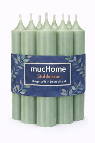 mucHome Stabkerzen 8er Set – Made in Germany – Ø 2,2 x 11 cm – durchgefärbte Premium Tafelkerzen mit ca. 4 Std. Brenndauer (Pastellgrün)