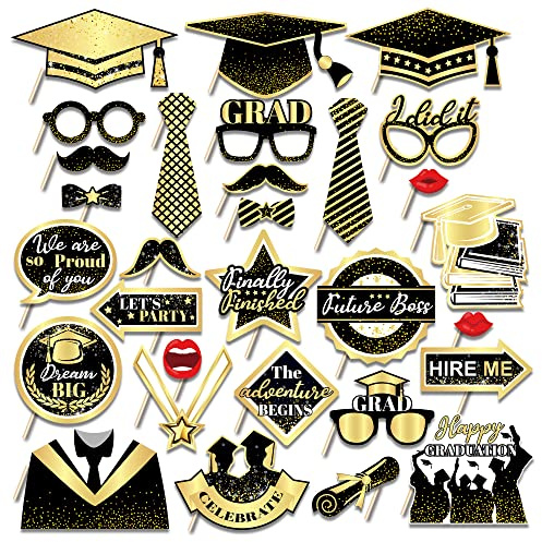 30 Stück Abschluss Photo Booth Requisiten Fotoautomat Requisiten Lustiges Abitur Deko schwarz Gold DIY Requisiten Kit für Geburtstagsparty Abschlussfeier Foto Booth Props Photo Fotobox Accessoires