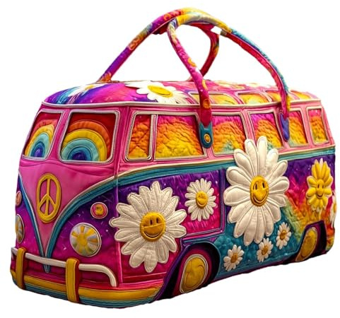Hippie Van Quilted Duffle, Bag–Boho-Wochenendtasche mit Verstellbarem Tragegurt Quilted Duffle Bag, Bus Design, Retro-Stil für Damen/Herren, Deal für Kurztrips Reisetasch für Urlaub & Party