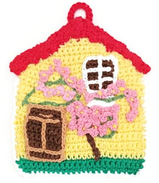 Presina casetta gialla con fiori rosa ad uncinetto 12x15 cm, in Cotone, Protezione Calore Cucina, Idea Regalo Mamma e Nonna (14PRS)