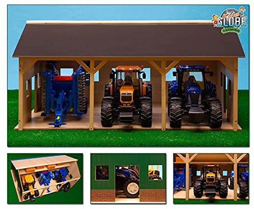 DEMA Kids Globe Spielzeug Holz Bauernhof Schuppen Garage für 3 Traktoren Traktor 78x55x38 cm