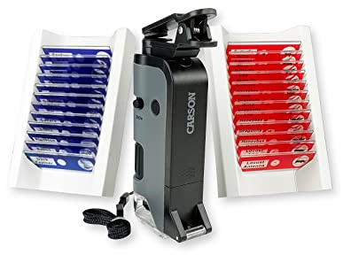 Carson MicroFlip - Microscopio de bolsillo con luz LED y UV de 100 x 250 x con base deslizante abatible y clip de digitalización para teléfonos inteligentes incluido con 24 diapositivas preparadas para insectos y animales (MP-250BUN)