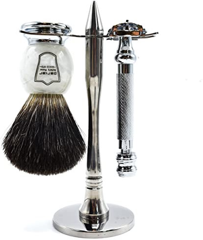 Parker Safety Razor Parker 99R Rasoio di sicurezza Set di Rasatura - Include Tasso di pennello nero Premium, in acciaio inox stand & Parker 99R farfalla aperta rasoio di sicurezza