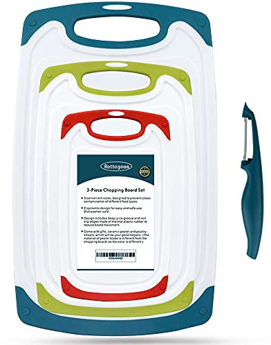 ROTTOGOON Schneidebrett für Küche 4er Set aus Kunststoff mit rutschfesten Füßen und tiefer Tropfsaftrille griffiger Griff spülmaschinenfest