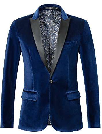 THWEI Herren-Blazer aus Samt, schmale Passform, Anzugjacke, EIN-Knopf-Smoking-Blazer, Hochzeit, Abschlussball, Abendessen, Königsblau, XX-Large