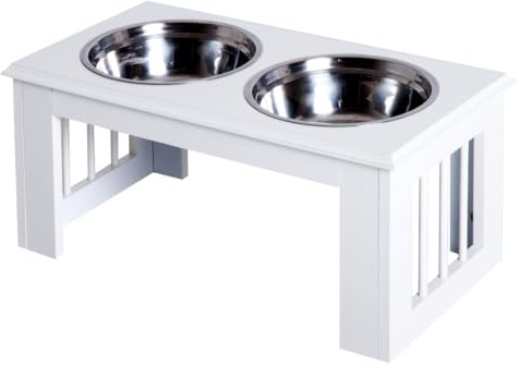 PawHut Erhöhter Hundenapf Hundebar für Mittlere Hunde 2x2000ml Weiß | 2 Näpfe, Futternapf, Wassernapf, Edelstahlnäpfe, Fressnapf, Futterstation, Hundenäpfe, für Katzen