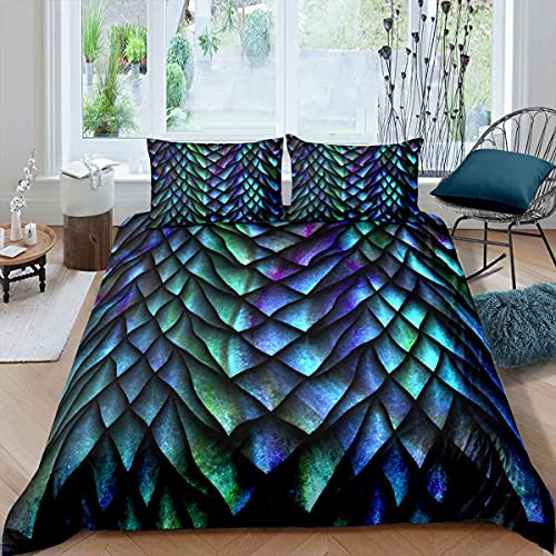 Feelyou Dragon Scales Duvet Cover for Kids Teens Reptile Skin 3D Bedding Set Animal Comforter Cover Ultra Soft Decor Bedspread Cover Blue and Green Full Size with 2 Pillow Case