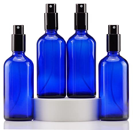 YIZHAO Flacon Spray Vide 100ml, Bleu Bouteille Spray Verre, avec Brouillard de Pulverisateur Fine, pour Huiles Essentielles, Aromathérapie, Parfums, Nettoyage, Voyage, Pharmacie – 4Pcs
