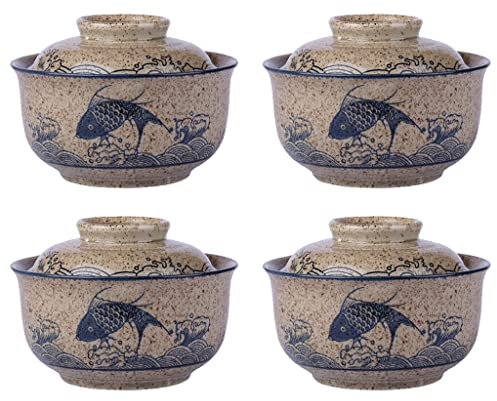 GLJAN Cuenco de Ramen japonés, Cuenco de cerámica con Tapa, vajilla Cubierta marrón de 6,5 Pulgadas (Juego), para Sopa, Fideos, microondas Puede Calentar (Color : Brown, Size : 6.5 Inch(4 pcs))