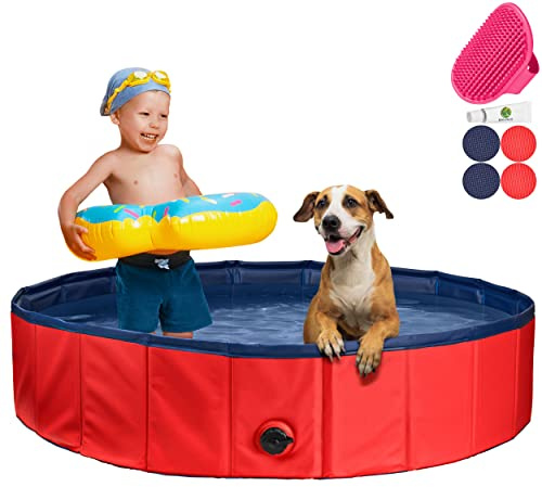 Stabiler Hundepool | Planschbecken für Hunde | Faltbarer Pool mit Ablassventil | rutschfeste Badewanne | Bällebad Kinder | Bälle Bad inkl. Badebürste & Reparaturset - Dog Pool 160x30 (Red)