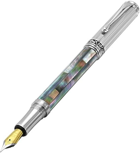 Xezo Maestro Füllfederhalter mit schwarzem Perlmutt, feine Feder. Verchromt. Handgefertigt, kein Stift gleicht einem anderen