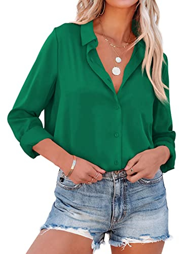 NONSAR Damblus, eleganta långa ärmar, skjortblus med ståkrage, kontorsblusar, lediga toppar, Grön, XXL