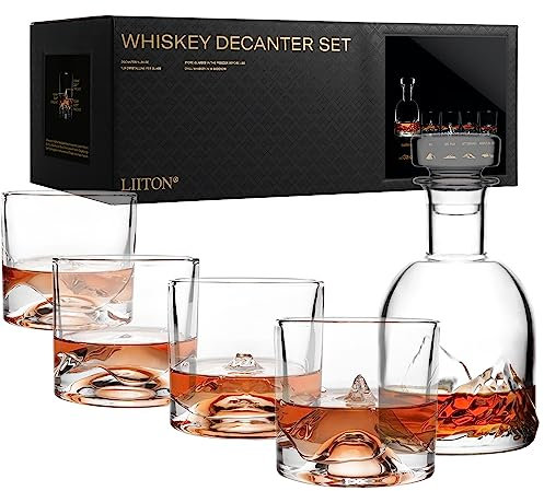 Exllusiv Whisky Gläser The Peaks 5-teilig aus Kristallglas, Tumblergläser mit Whiskey Dekanter, Denali, Everest, Fuji & Mont Blanc, Geschenke für Männer, Gin, Bourbon, Rum, Trinkgläser Geschenkset
