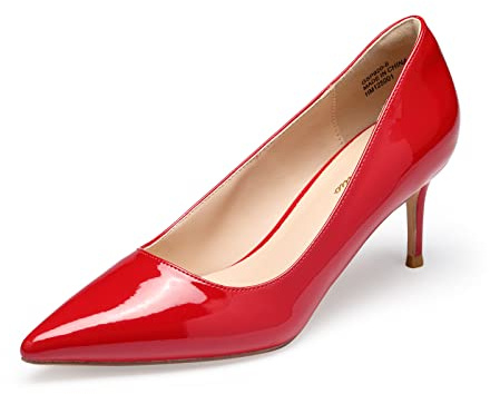 GENSHUO Damer, stilettpumps, låg klack, 6 cm (2,36 tum), spetsiga högklackade, eleganta, stängda låga klackar för arbete, bal, bröllop, högklackade skor, Rött lackläder, 40.5 EU