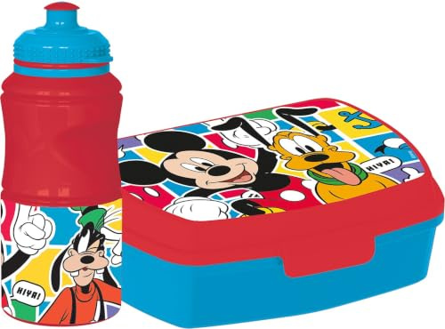 Tataway Set Disney de botella de 380 ml y sandwichería rojo para niños en plástico de Mickey Mouse con banda antideslizante y cierre de seguridad