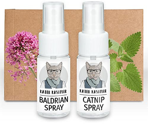 Katzenminze Spray + Baldrian Spray (2er Set). für Katzen, 100% natürlich ohne Zusatzstoffe. Macht langweiliges Katzenspielzeug interessant für die Selbstbeschäftigung von Katzen