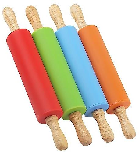 HAKZEON 4 Pack 15 Inch Large Rolling Pins, Silicone Rolling Pin with Wooden Handle, Non-Stick Rolling Pin for Pastry, Dough and Pizza (Orange, Red, Blue, Green)