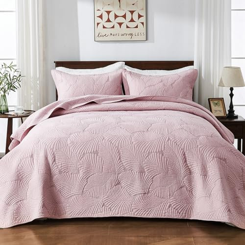 Qucover Tagesdecke 240x260cm Rosa, Baumwolle Tagesdecke Bettüberwurf, Weiche Tagesdecke Stickerei, Cotton Bedspreads 240x260, Tagesdecke 240x260 mit 2 Kissenbezügen, Decke Baumwolle für Sofa & Bett
