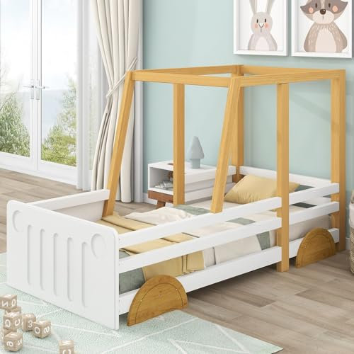 KnSam Autobett, Spielturmbett, Kinderbett mit MDF-Rädern, Rahmen aus Kiefer Rausfallschutz Bett, Weiß + Natur (90x200cm)