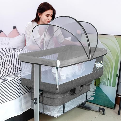 3-in-1 Babybett,Babywiege, Next to Me, Beistellbett Baby,Stubenwagen mit Moskitonetz, reisegitterbett mit matratze, kinderreisebett, Höhenverstellung, mit Aufbewahrungskorb,mobiles Nest für Babys ( Co