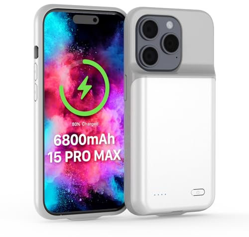 TQTHL Akkuhülle für iPhone 15 Pro Max, [ 6800mAh ] Zusatzakku Ladehülle Akku hülle Handyhülle,wiederaufladbare Powerbank Akku Hülle kompatibel für iPhone 15 Pro Max (6.7 Zoll) (Weiß)