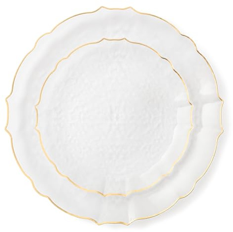 Decorline - 32 Assiettes en plastique Dur réutilisable Avec Bordure - pour 16 personnes (16x26cm & 16x19cm) - Collection Combo Luxe - pour Anniversaires, Mariages & Fêtes - Transparent/Or