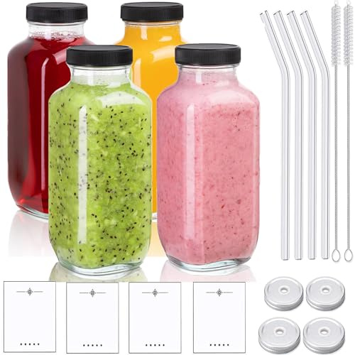 MEIMUCUL Smoothie Flasche,4 Stück Glasflaschen zum Befüllen | Smoothie Becher,500ml Glasflasche mit Deckel,Wiederverwendbare Smoothie Gläser mit Deckel,Ideal für Saft, Ingwer,Milchshakes