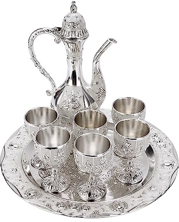 Tissting Metal Wine Glass Jug Set European Style Wine Drinking Cups Hip Flask Set with 6 Wine Glass,1 Hip Flask,for Gifts, Table Decoration(Silver White)