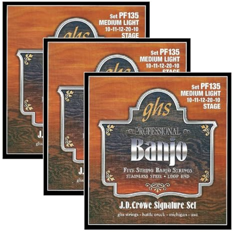 GHS Strings - 5-String Banjo Strings - J.D. Crowe Signature Set (Stage) Loop End - Medium Light Gauge - 010-020 - Model: PF135 SET - Pack of 3 SETS