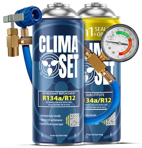 ClimaSet - Gas de recarga para aire acondicionado 3 en 1 r134a, aceite, sellador de fugas y gas R134a y manguera - Kit de Recarga de Gas para Aire Acondicionado para Automóviles - 340 g
