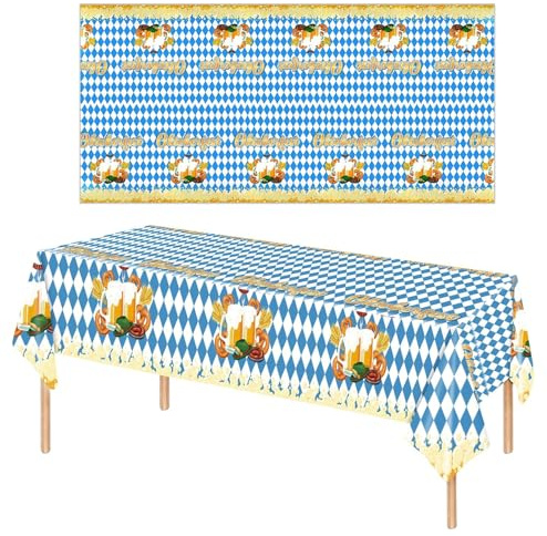 Oktoberfest Tischdecke Deko, 137 x 274cm Blau Weiß Bayerisch Tischdeko, Waschbar Bayrische Oktoberfest Tischband, für Oktoberfest Drinnen und Draußen Party Zubehör