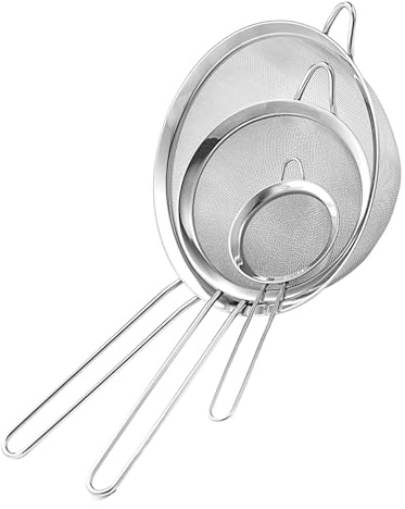 Kitchen Sieve Strainer Finest Mesh Long Handle Stainless Steel Food Colander Sieve for Straining Baking Powder Flour and Cooking-9.5 cm, 11cm, & 15.5cm (3Pcs)